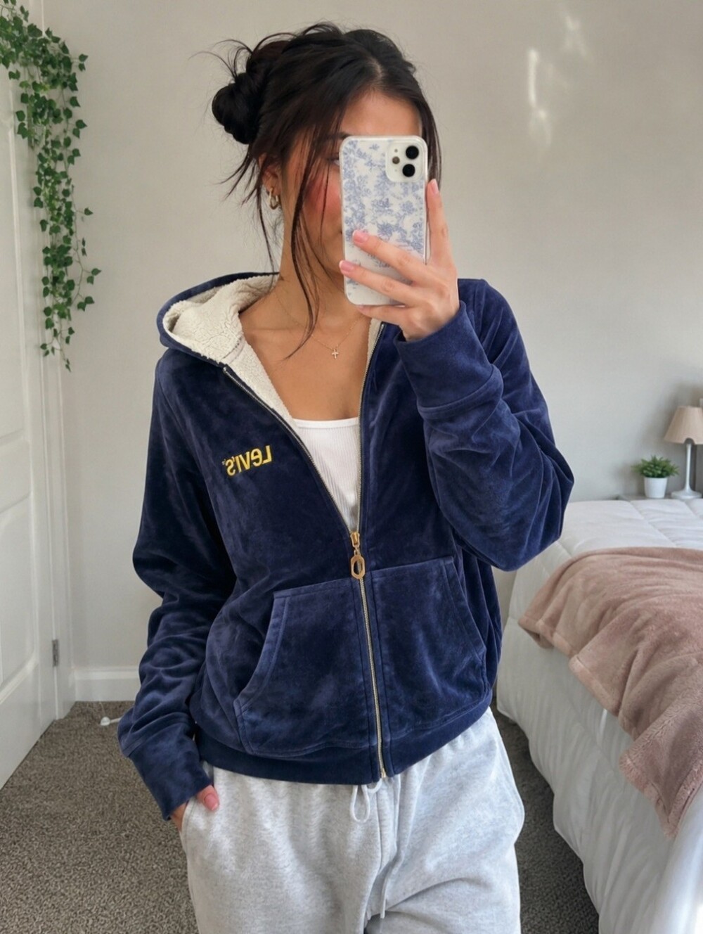 Levi’s Navy Velour Zip Hoodie XL | Y2K Cozy Sherpa Hood